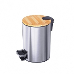 Bamboo lid stainless steel trash can silent soft close waste bin 